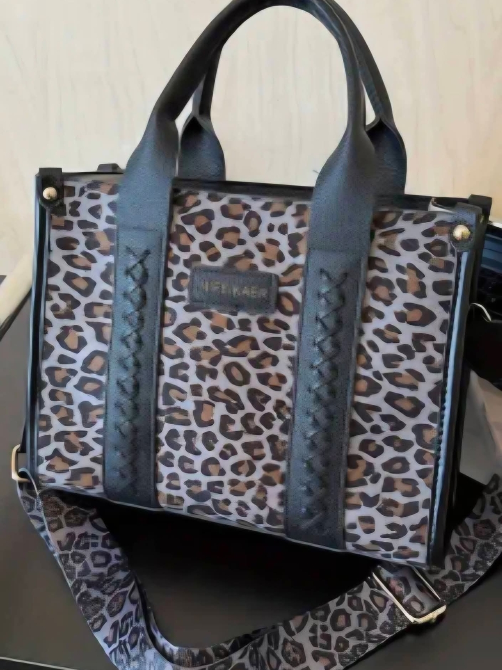 Leopard Print Tote with Black Trim and Removable Strap